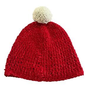 Knit Pompom Hat Red White Winter Christmas Holiday Beanie Metallic Shimmer
